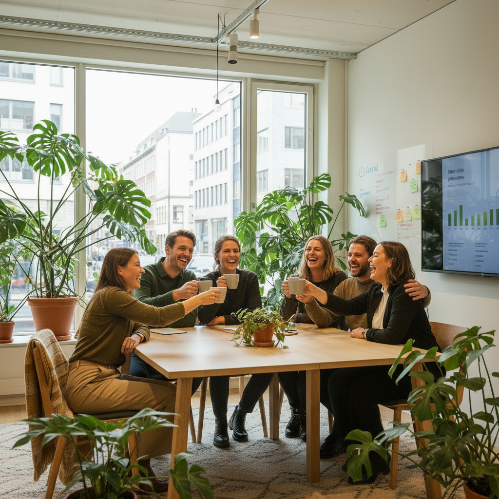 Fjern de planter der er øverst i billedet, men bevar alt andet. Et salgsteam som er glade og har det dejligt, de sidder på en moderne nordisk arbejdsplads med store vinduer.